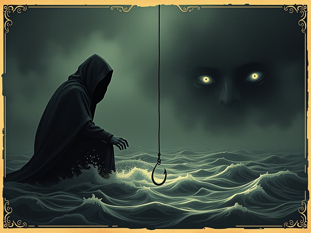  a baited hook dangling in front of a figure poised to react, dark waters churning below, turbulent atmosphere, multiple eyes in shadows, anticipation, tension. an illustration in the style of a worn, mystical old tarot trump card, mysterious and elements of surrealism. the colors are muted, somber and eerie, but with contrast bring out an occult and esoteric vibe.