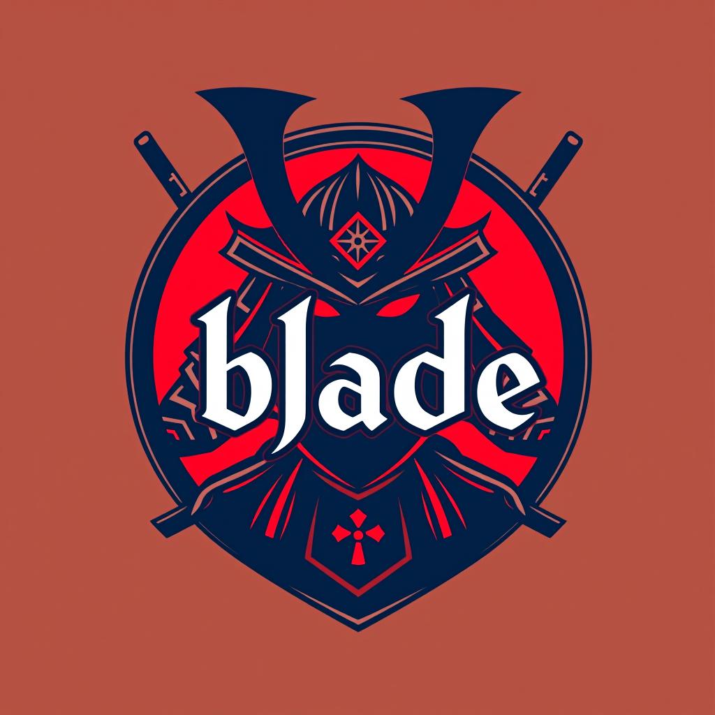  design a logo, emblem logo, with the written text ‘blade’, samurai theme, red and blue.