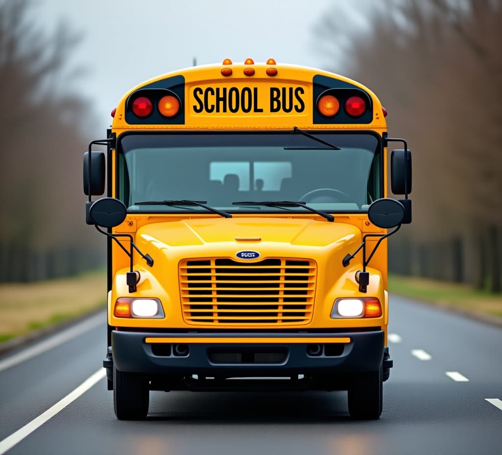  bright yellow school bus on the road, representing safe and reliable transportation for students