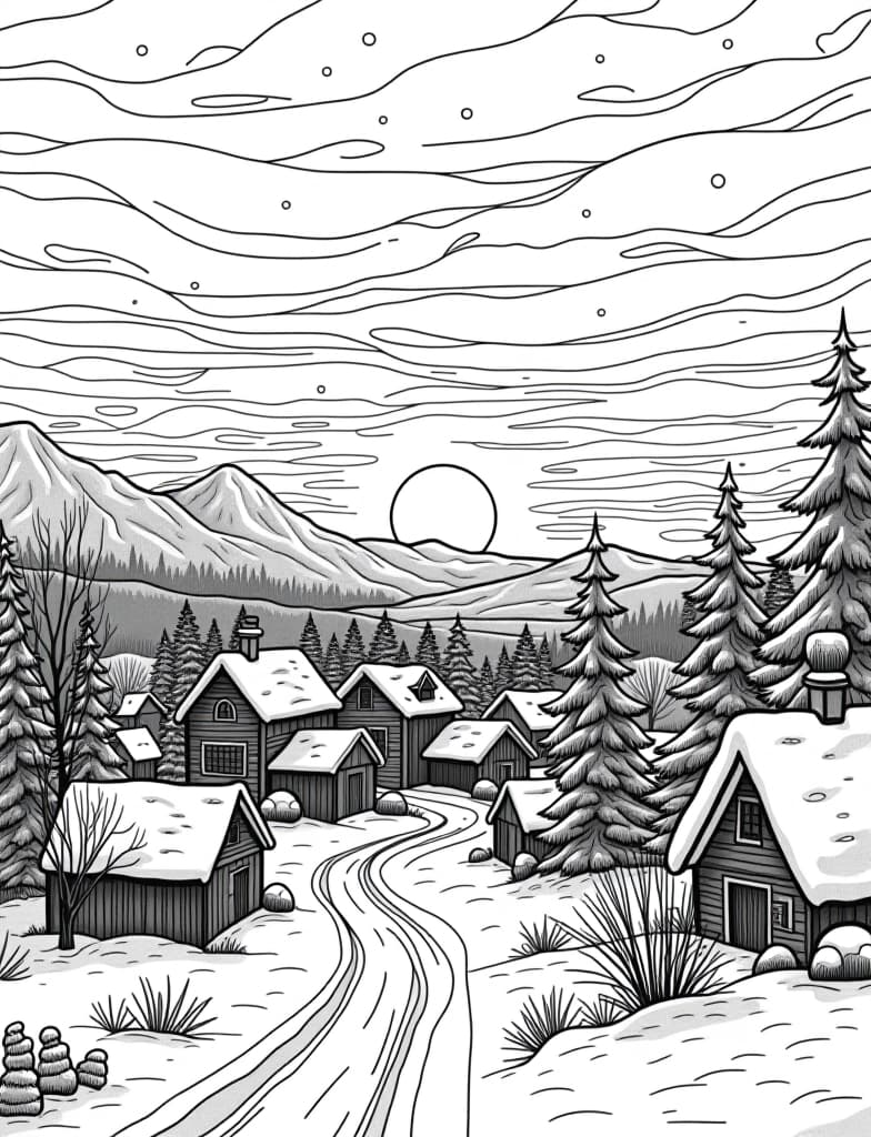  this is for an adult coloring page. a detailed black and white line art of a snowy winter sunrise over a snow covered town on a solid white background.