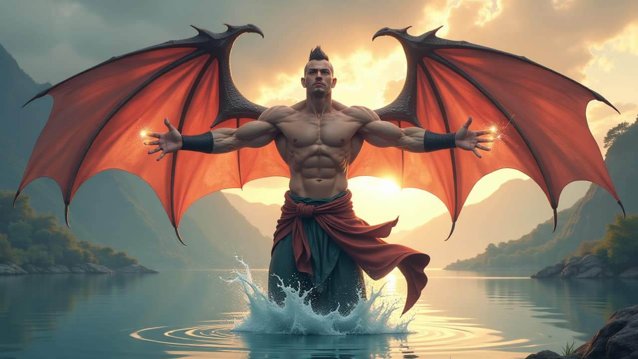  anime, anime sytle, anime image, cartoon, real cartoon, real anime, charming and ripped male monk with dragon wings and dragonscale skin floating above lake while arms stretching wide emitting orbs