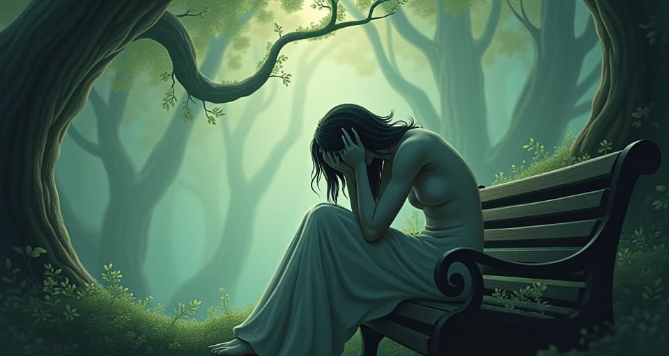  a hunched ethereal figure on an enchanted bench, their body language heavy with unseen weight. a sense of overwhelming sadness encapsulates them, starkly contrasting the magical environment around.. the style is digital art illustration,highly detailed, whimsical,magical, dreamlike atmosphere, realism and fantasy blend, smooth, glossy textures,luminous quality, wonder and enchantment.