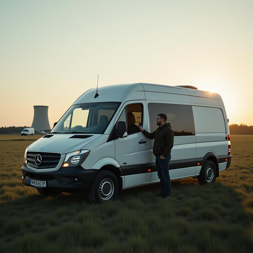  cinematic photo one mercedes van stands in the middle of the field. a nuclear power plant and two other vans in the distance are visible in the background. the side door of the van is open. a man stands next to the side door of the van, presses the button inside the van with his finger . 35mm photograph, film, bokeh, professional, 4k, highly detailed