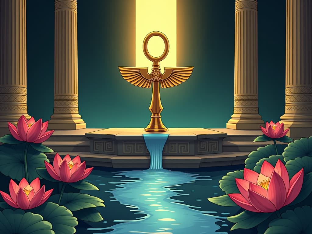  a serene depiction of an altar with a golden ankh, surrounded by lotus flowers, a gentle stream of water flowing, tears merging with the stream, symbolizing relief and clarity through emotional purging.. the style is digital art illustration / modern comic book / mysterious occult, symbolic, esoteric vibe,high detail on character design, incorporating ancient egyptian symbology and attire.