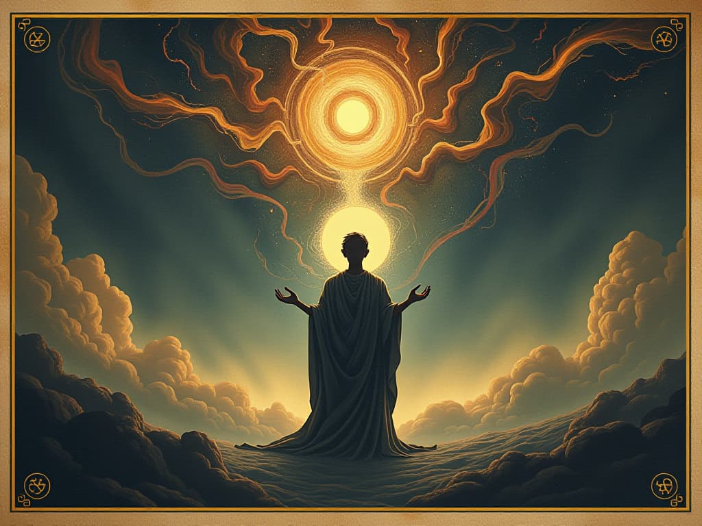  a celestial scene with swirling energies, figure standing in the center with hands extended, absorbing and channeling the energies, cosmic, radiant. an illustration in the style of a worn, mystical old tarot trump card, mysterious and elements of surrealism. the colors are muted, somber and eerie, but with contrast bring out an occult and esoteric vibe.