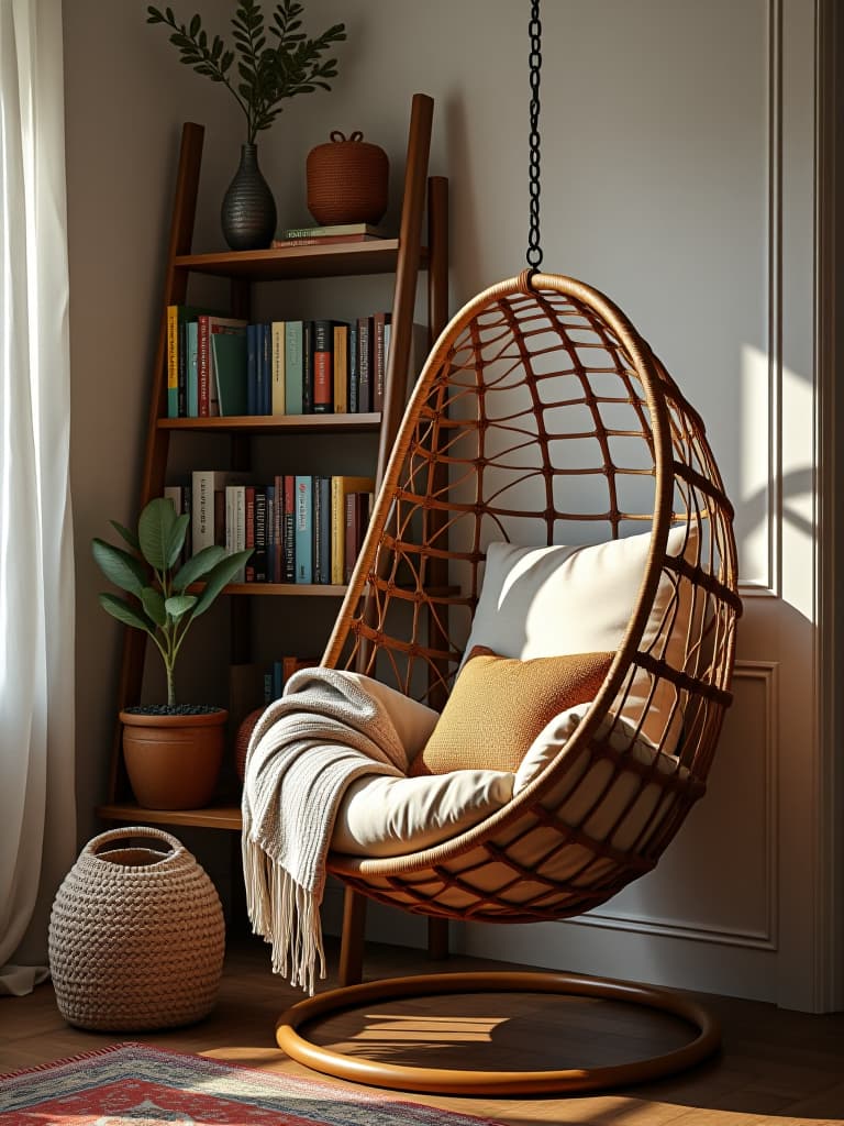  high quality portrait photo of a cozy corner featuring a modern hanging egg chair next to a rustic ladder bookshelf, with a warm knit throw and vintage inspired area rug hyperrealistic, full body, detailed clothing, highly detailed, cinematic lighting, stunningly beautiful, intricate, sharp focus, f/1. 8, 85mm, (centered image composition), (professionally color graded), ((bright soft diffused light)), volumetric fog, trending on instagram, trending on tumblr, HDR 4K, 8K