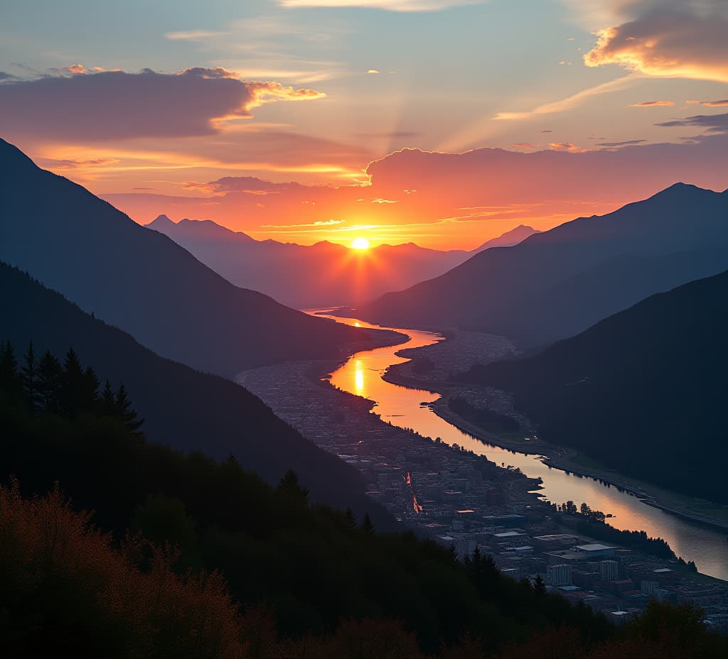  sunset over the river ai generative hd 8k wallpaper stock photographic image. sunrise over the mountains and river 4k hd quality photo. beautiful landscape wallpaper, hd background wallpaper,