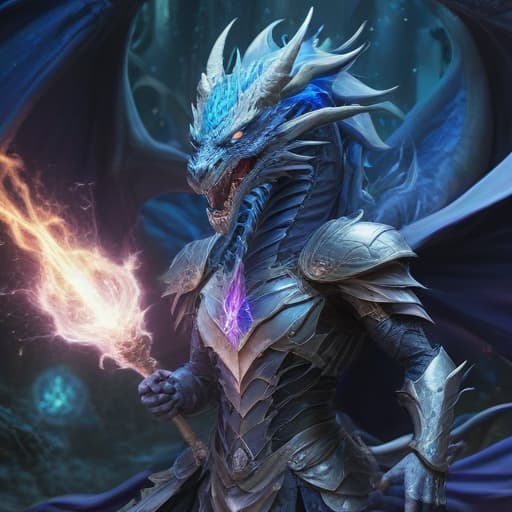 In the digital art style of Akina Fujiwara, create an image of the "Dark Rider Of Blue Eyes." The scene shows the majestic Blue Eyes White Dragon, adorned with intricate armor, being ridden by the powerful Dark Magician. The duo is charging through a mystical battlefield, surrounded by glowing orbs of light. The Dark Magician's robes billow in the wind as he confidently holds his staff. The Blue Eyes White Dragon's eyes glow with an ethereal light as they lead the charge into battle. fantastical creatures or characters inspired by mythology, folklore, or popular culture. use vibrant colors, sharp lines, intricate details, dynamic poses, dramatic lighting, atmospheric backgrounds, and blend anime, manga, and Western comic influences.