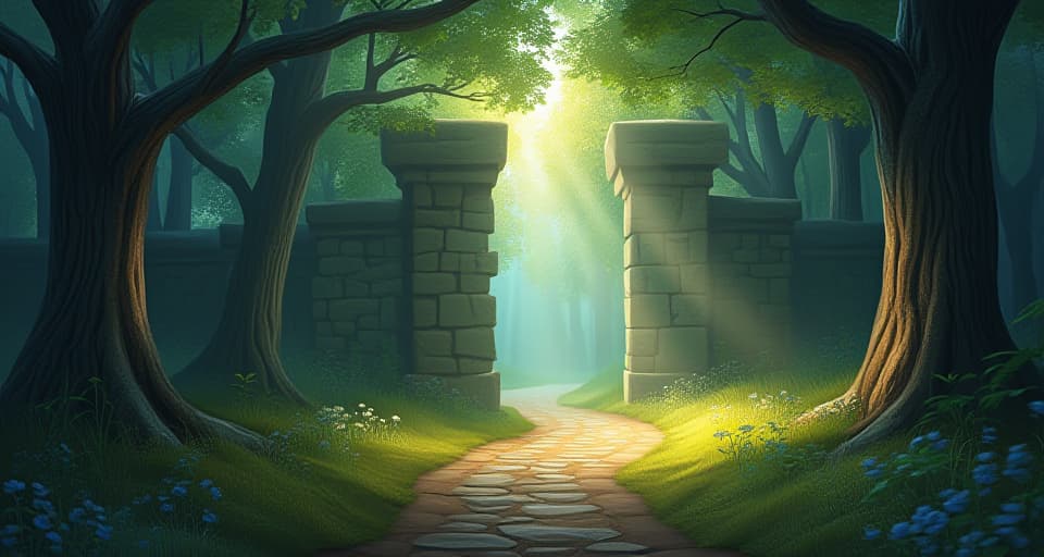  an enchanted forest with a shimmering path leading to an open barrier, symbolizing walls broken through, radiant light shining through trees.. the style is digital art illustration,highly detailed, whimsical,magical, dreamlike atmosphere, realism and fantasy blend, smooth, glossy textures,luminous quality, wonder and enchantment.