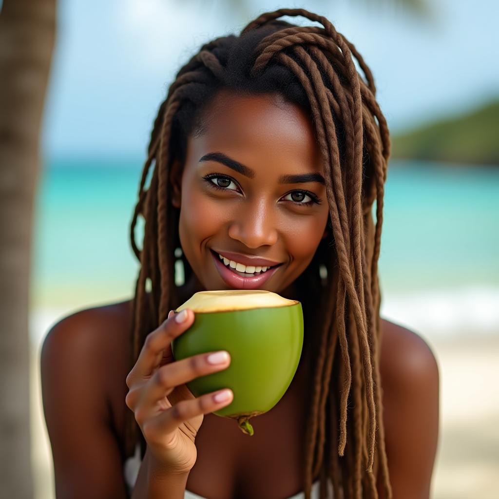  make an image of a woman with brown haired dreadlocks in green sipping from a coconut in jamaica