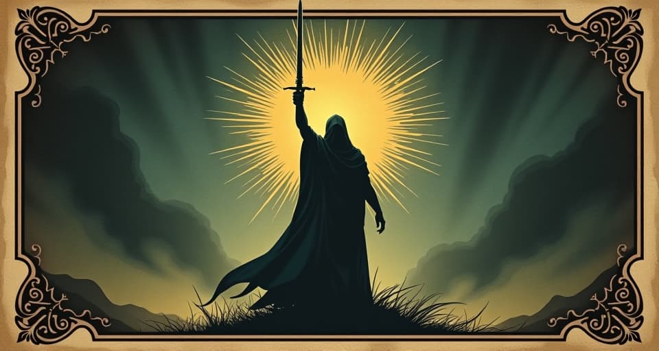  a radiant warrior with sword held high, darkness receding around, victorious, light piercing through the darkness, triumphant. an illustration in the style of a worn, mystical old tarot trump card, mysterious and elements of surrealism. the colors are muted, somber and eerie, but with contrast bring out an occult and esoteric vibe.