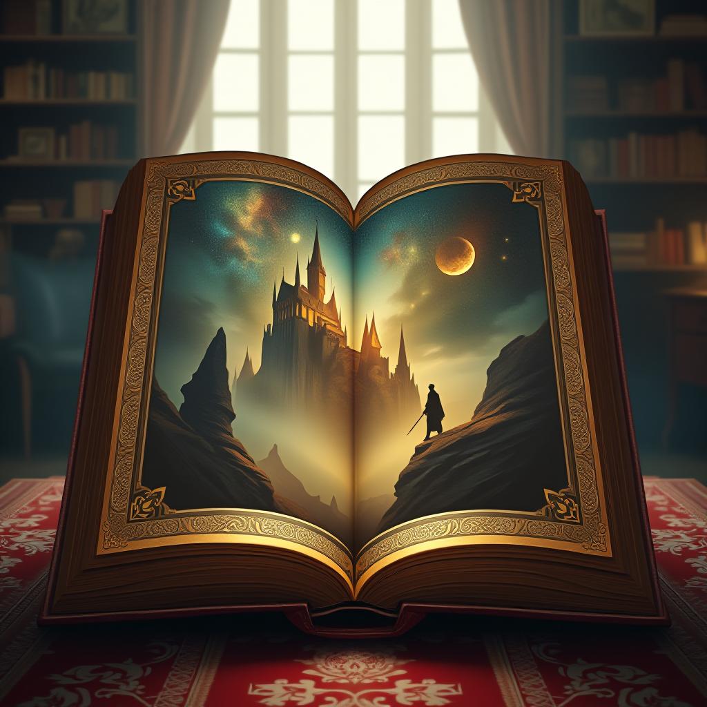  this image is a highly detailed, digital painting depicting an open book with a fantastical, illuminated cover. the book, which appears to be an ancient tome, has an ornate, gold embossed cover with intricate designs. the cover art is a vibrant, magical landscape featuring a castle with tall, spires and windows aglow with warm, yellow light. the castle is set against a starry, night sky filled with twinkling stars, creating a celestial effect. the foreground of the cover shows a lone, silhouetted figure standing on a rocky outcropping, gazing up at the castle. the figure appears to be a man dressed in medieval attire, with a long cloak and a sword at his side. the background of the image is a softly lit, cozy room, with wooden furniture and hyperrealistic, full body, detailed clothing, highly detailed, cinematic lighting, stunningly beautiful, intricate, sharp focus, f/1. 8, 85mm, (centered image composition), (professionally color graded), ((bright soft diffused light)), volumetric fog, trending on instagram, trending on tumblr, HDR 4K, 8K