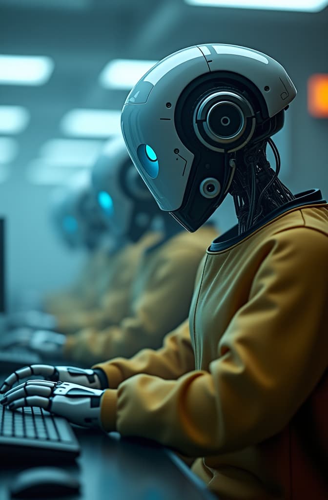  robots working in a computer hyperrealistic, full body, detailed clothing, highly detailed, cinematic lighting, stunningly beautiful, intricate, sharp focus, f/1. 8, 85mm, (centered image composition), (professionally color graded), ((bright soft diffused light)), volumetric fog, trending on instagram, trending on tumblr, HDR 4K, 8K