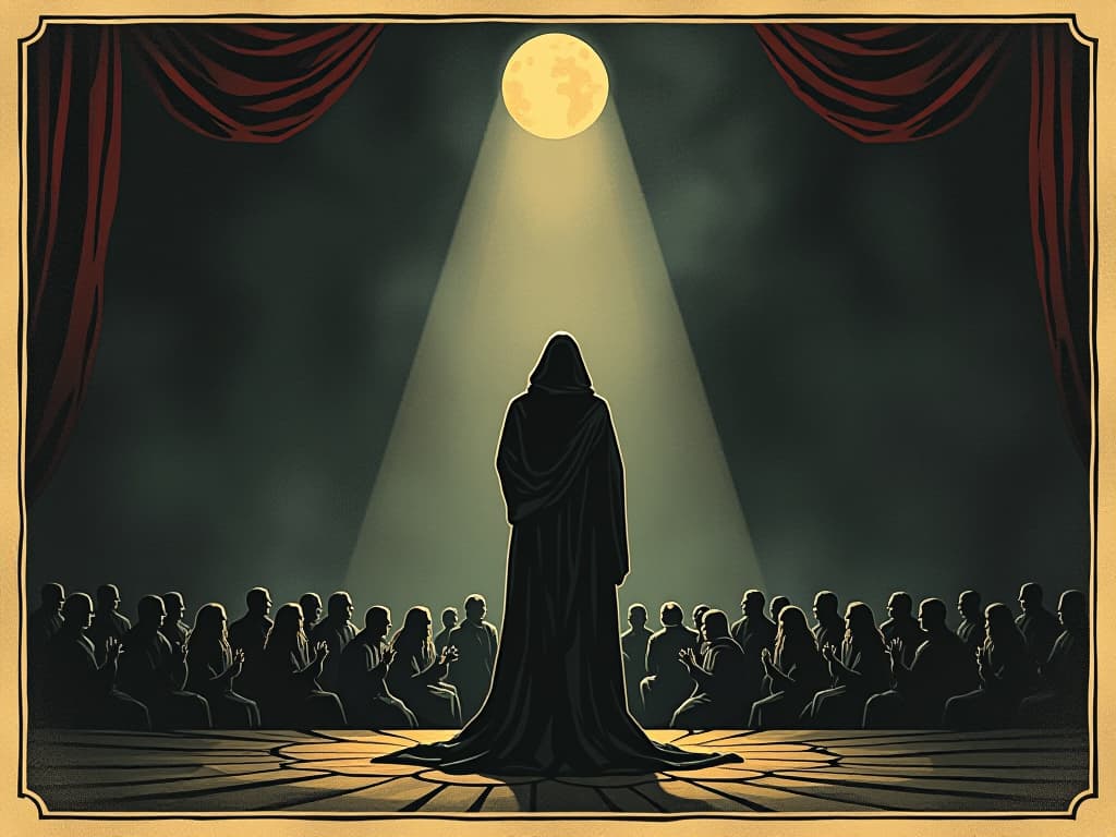  audience of shadowy figures applauding, background of a dark stage, spotlight on a single figure, mood of recognition and accomplishment. an illustration in the style of a worn, mystical old tarot trump card, mysterious and elements of surrealism. the colors are muted, somber and eerie, but with contrast bring out an occult and esoteric vibe.