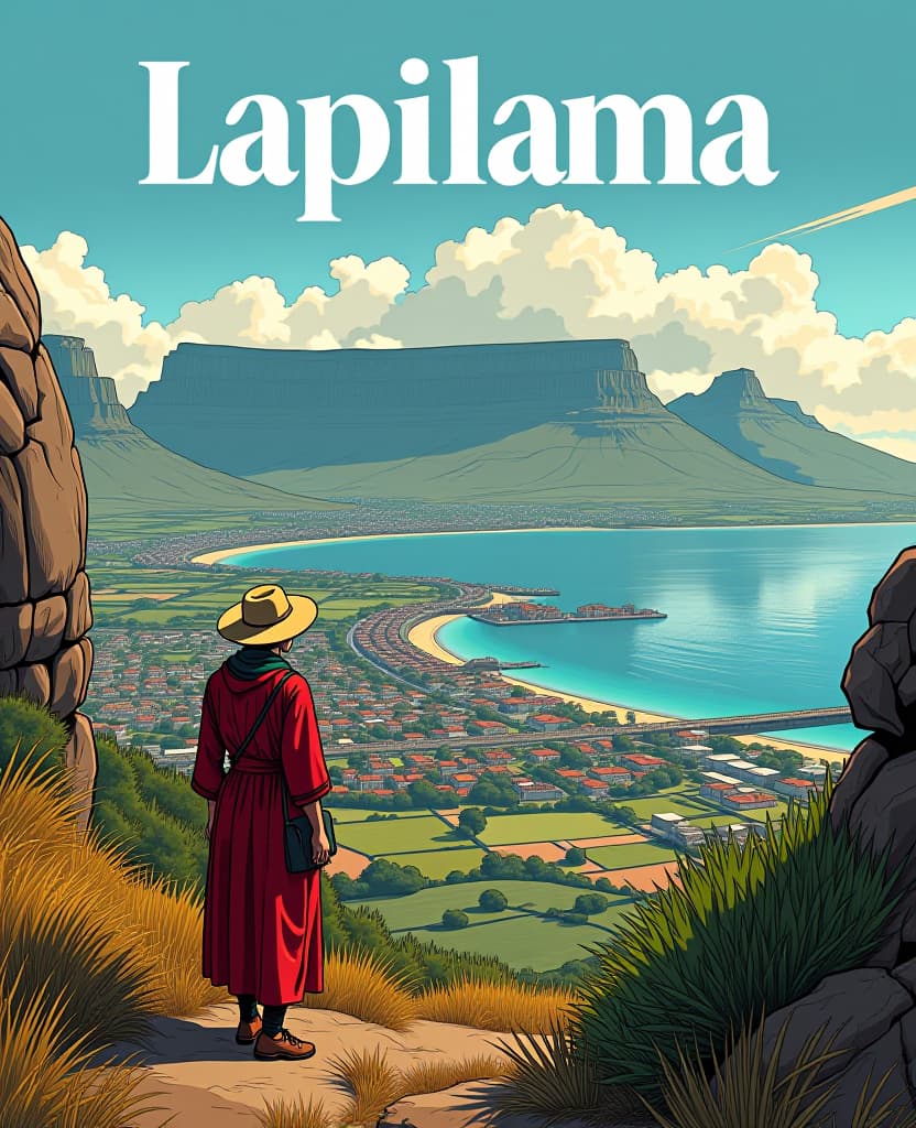  a comic book cover for a south africa travel guide with text label "capetown" capetown landscape the title of the comic has the text "lavilama" at the top of the page. at the bottom of the page it says "travelling guide" hyperrealistic, full body, detailed clothing, highly detailed, cinematic lighting, stunningly beautiful, intricate, sharp focus, f/1. 8, 85mm, (centered image composition), (professionally color graded), ((bright soft diffused light)), volumetric fog, trending on instagram, trending on tumblr, HDR 4K, 8K