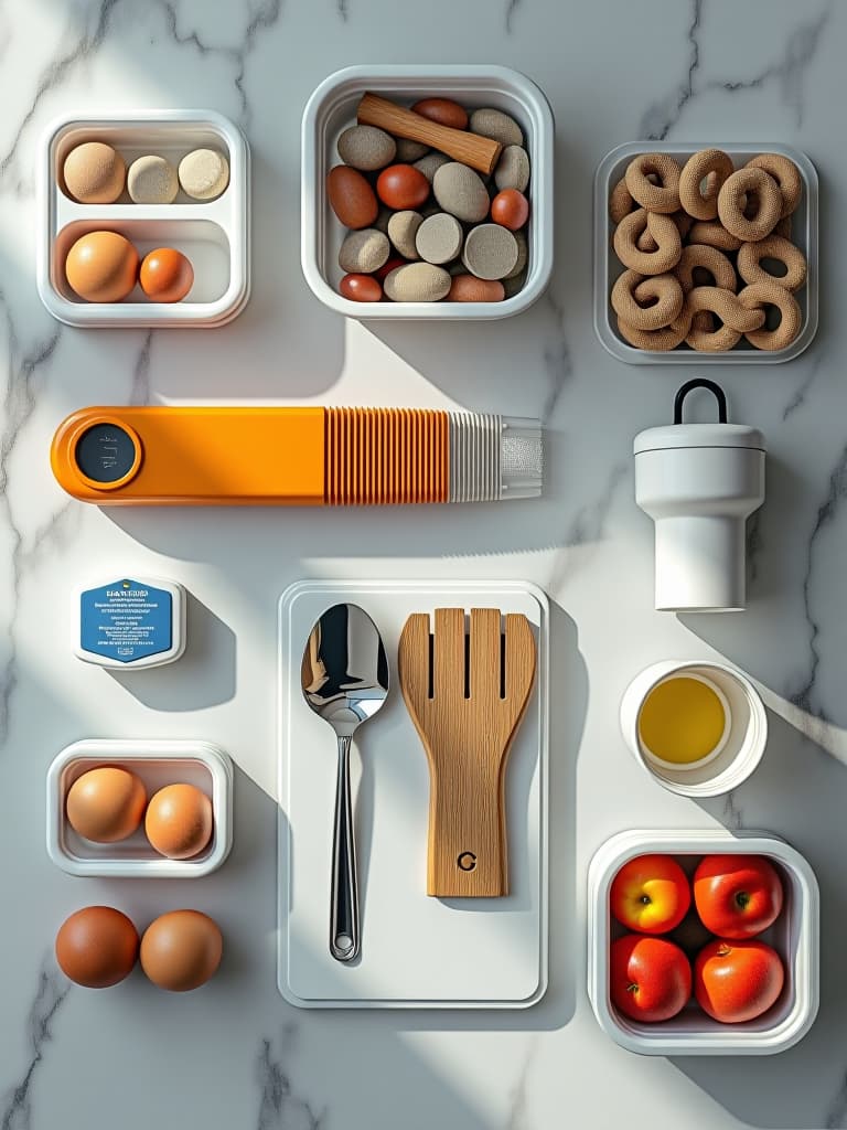  high quality portrait photo of an artistic flat lay of small kitchen organization tools, including clear storage containers, label maker, drawer dividers, and space saving gadgets on a marble countertop hyperrealistic, full body, detailed clothing, highly detailed, cinematic lighting, stunningly beautiful, intricate, sharp focus, f/1. 8, 85mm, (centered image composition), (professionally color graded), ((bright soft diffused light)), volumetric fog, trending on instagram, trending on tumblr, HDR 4K, 8K