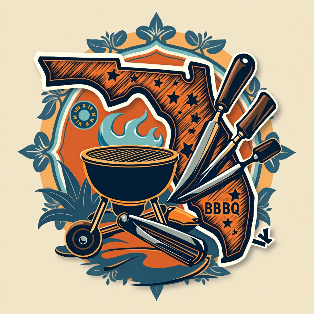  design a logo, image of the state of florida with bbq accessories and with the colors orange and blue