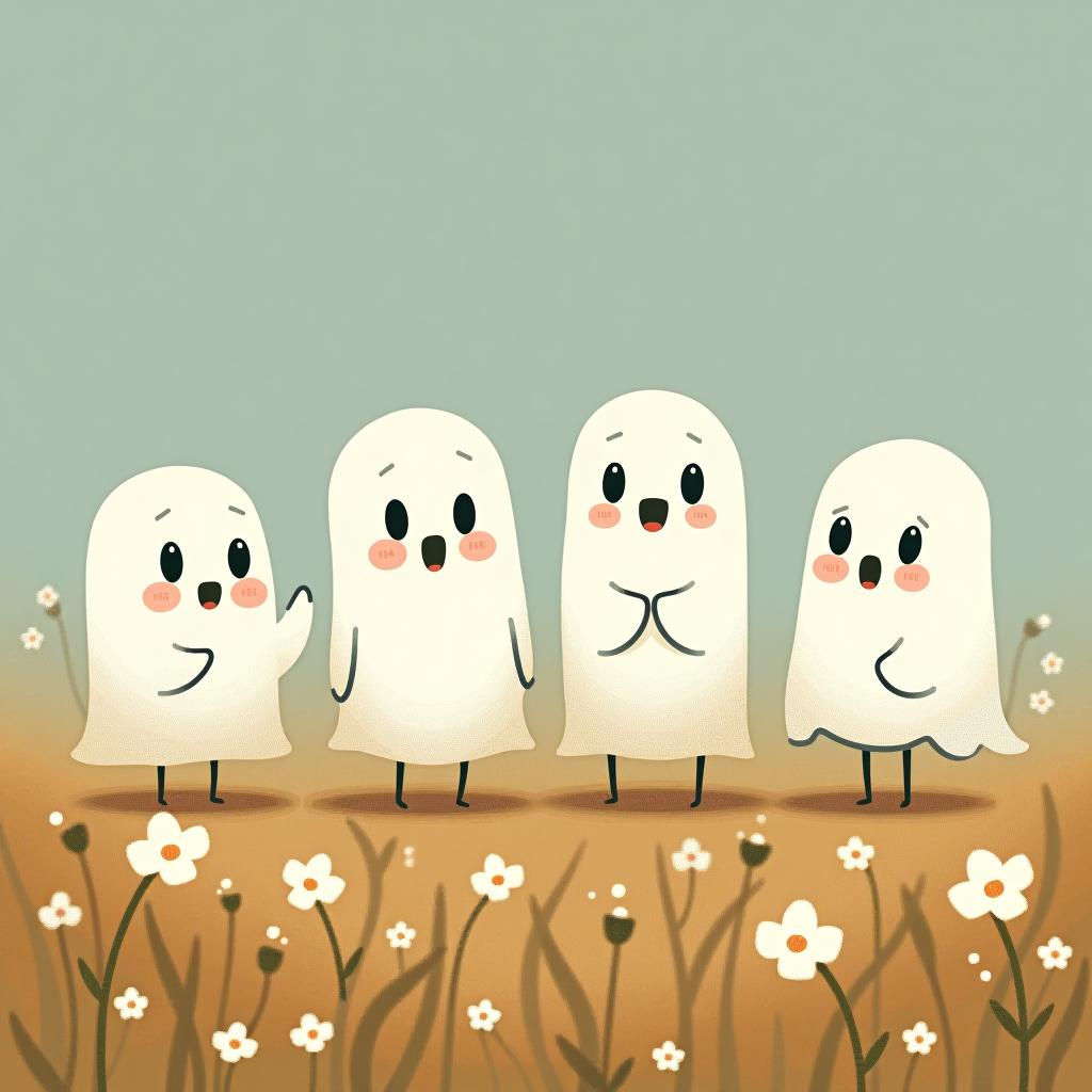  create a digital illustration featuring a row of four or five cute, cartoonish ghost characters, each with a different appearance, standing in different positions within sparse, life like wildflowers.