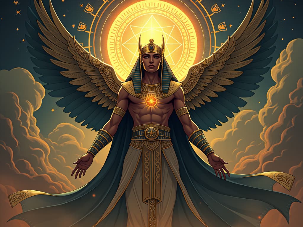  a celestial architect, ancient egyptian garb, surrounded by floating quantum symbols, intricate hieroglyphs, aura of transformation and power. the style is digital art illustration / modern comic book / mysterious occult, symbolic, esoteric vibe,high detail on character design, incorporating ancient egyptian symbology and attire.