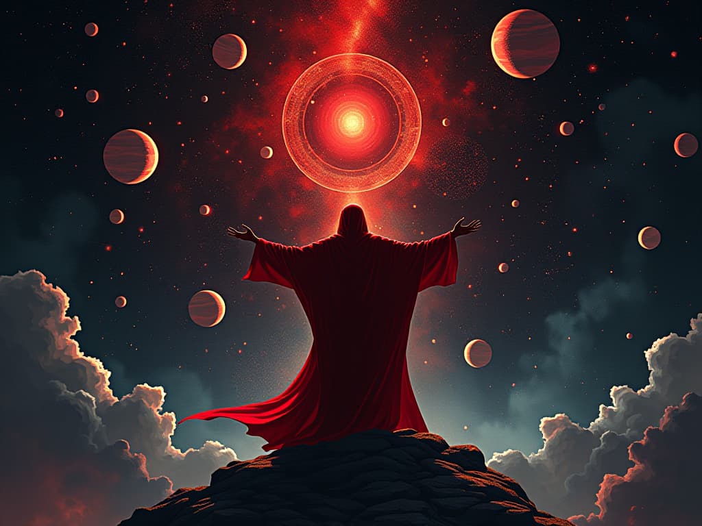  universe depicted as vast cosmic tapestry, central figure in red, hands outstretched, celestial bodies revolving around, sense of universal purpose. the style is digital art illustration / modern comic book / graphic dark novel fantasy and mysterious occult, symbolic, moody lighting, esoteric vibe,high detail on character design. for the color scheme emphasize blacks and reds.