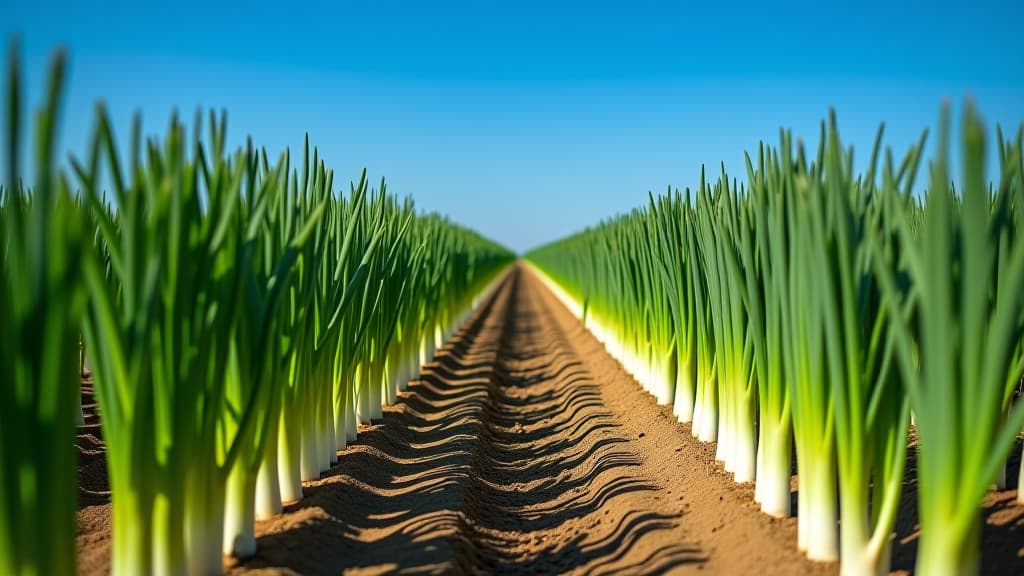  rows of fertile leeks on the ground in a field with a blue sky in the background