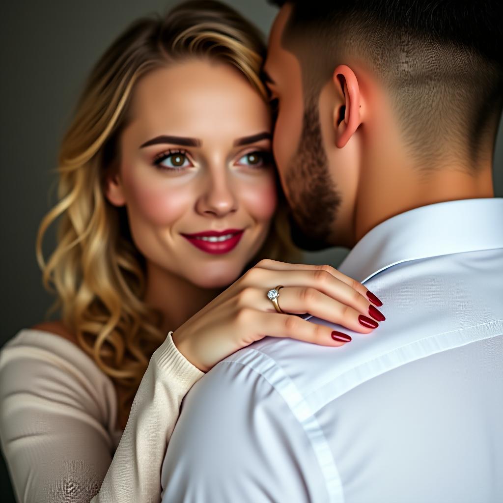  make an image of a woman with blonde hair and brown eyes and red lipstick wearing an engagement ring and wedding band hugging a anonymous man