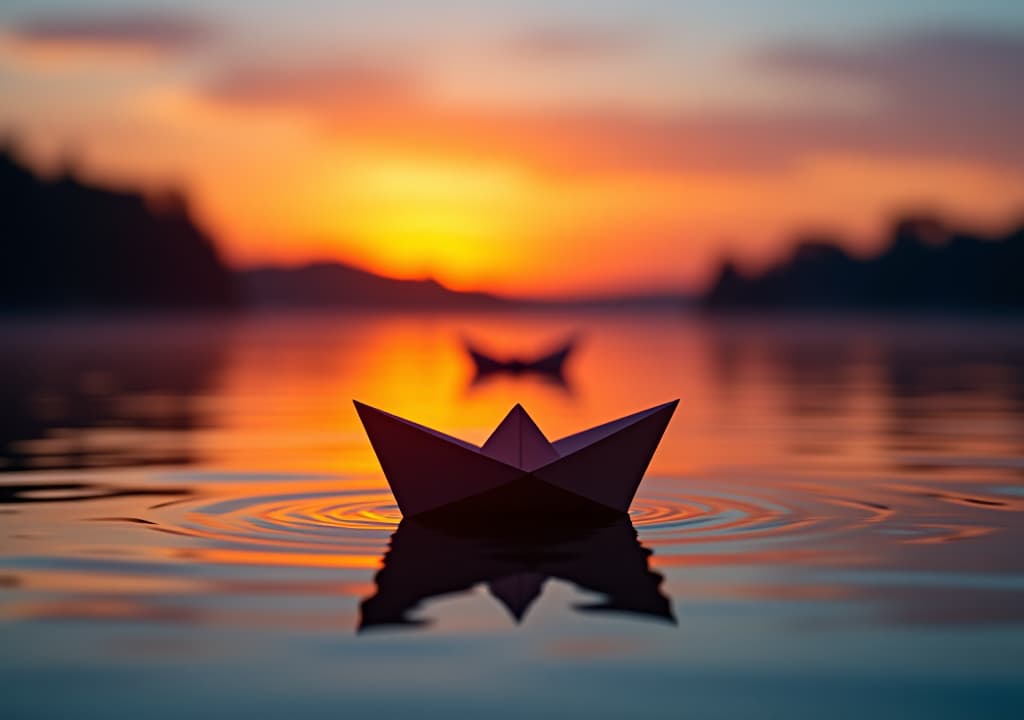  a paper boat sailing on a lake at sunset.