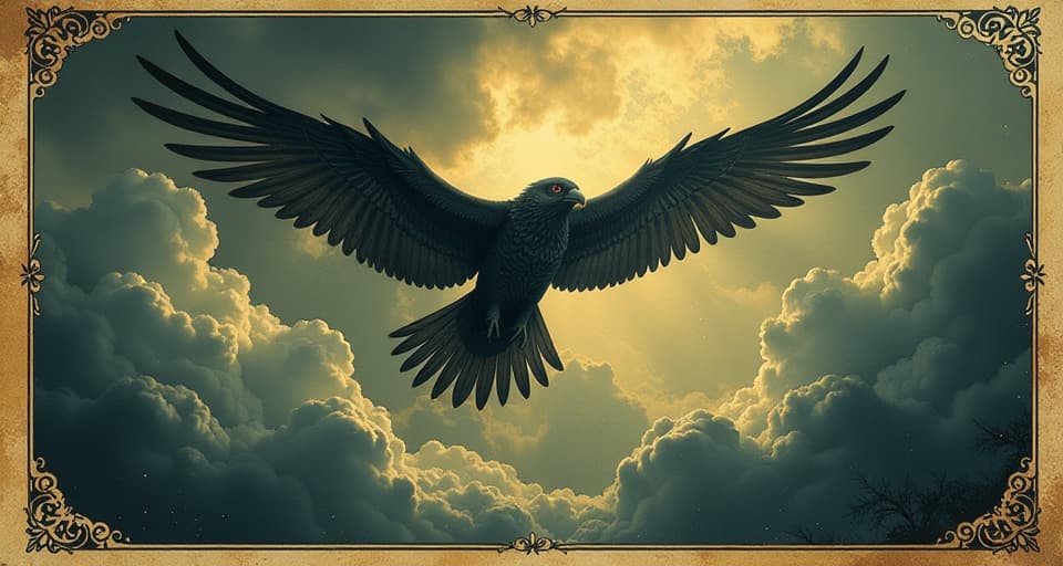  a mythical bird soaring above storm clouds, wings extended, rising toward the light, triumph, transformation, unleashed potential. an illustration in the style of a worn, mystical old tarot trump card, mysterious and elements of surrealism. the colors are muted, somber and eerie, but with contrast bring out an occult and esoteric vibe.