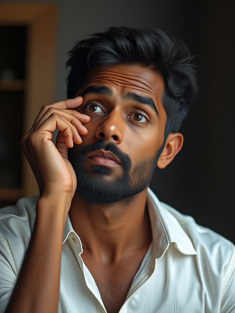  make a cinematic, realistic image of a indian man,one hand on face,face expression like confused,eyes looking upwards,thinking something, wearing casual clothes, little rounded face, and wearing white shirt,8k hyperrealistic, full body, detailed clothing, highly detailed, cinematic lighting, stunningly beautiful, intricate, sharp focus, f/1. 8, 85mm, (centered image composition), (professionally color graded), ((bright soft diffused light)), volumetric fog, trending on instagram, trending on tumblr, HDR 4K, 8K