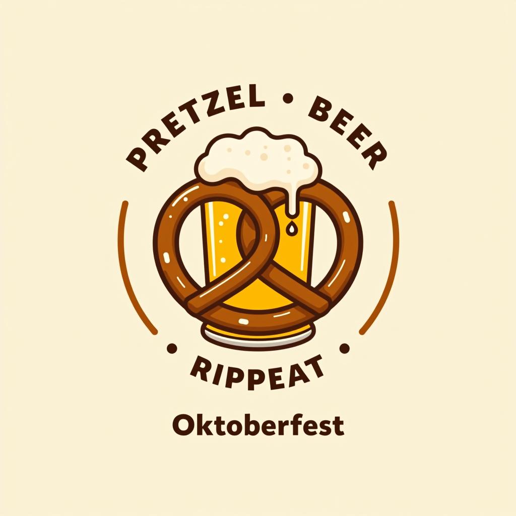  clean design with 'pretzel, beer, repeat.' in a circle around a pretzel and beer mug with subtle beer bubbles. place the word oktoberfest at the bottom of the image