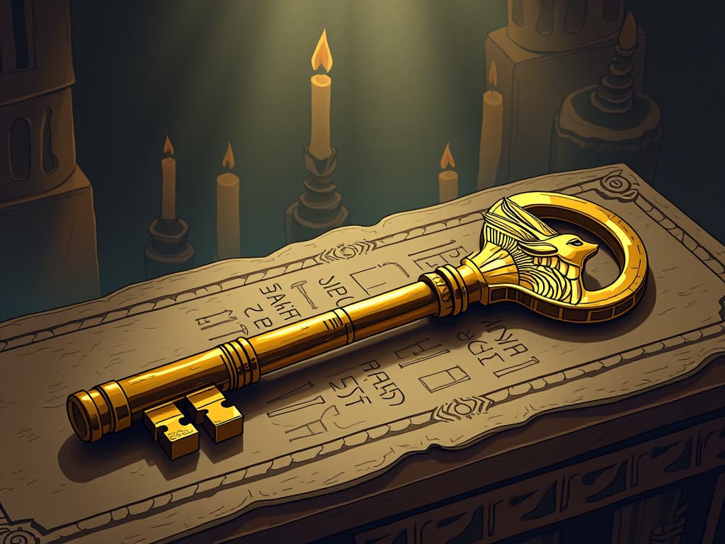  golden key lying on an ancient altar, symbols of horus and anubis etched on either side, symbolizing unlocking deeper self. the style is digital art illustration / modern comic book / mysterious occult, symbolic, esoteric vibe,high detail on character design, incorporating ancient egyptian symbology and attire.