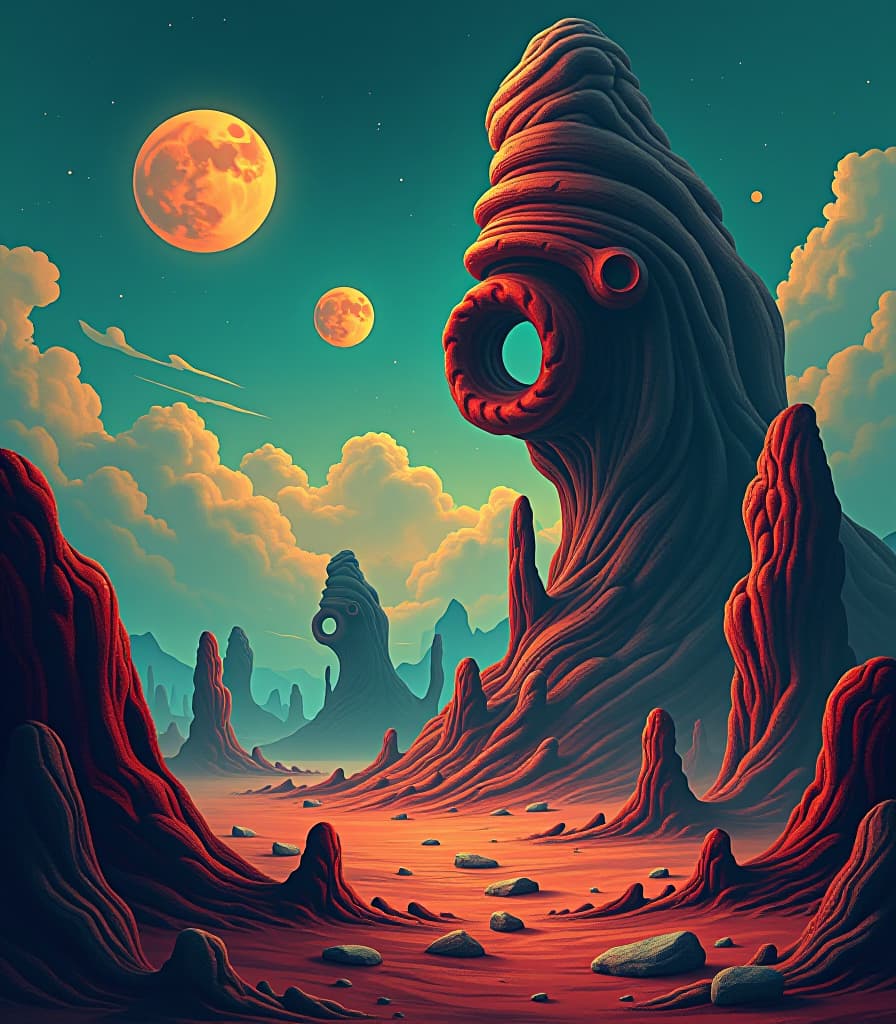  (masterpiece, high resolution, acrylic painting:1.3), alien landscape, giant fractals emerging from the barren ground, (twisting and spiraling forms:1.2), deadly gloomy atmosphere, (three glowing moons:1.2) in the sky, surreal teal, red, and orange color scheme, flat illustration style reminiscent of pascal blanché, sci fi theme, ominous clouds swirling, abstract shapes in the background, distant stars twinkling, rich textures in the fractals, dynamic composition with a sense of depth, eerie and captivating, contrasting warm and cool tones, captivating and otherworldly ambiance. hyperrealistic, full body, detailed clothing, highly detailed, cinematic lighting, stunningly beautiful, intricate, sharp focus, f/1. 8, 85mm, (centered image composition), (professionally color graded), ((bright soft diffused light)), volumetric fog, trending on instagram, trending on tumblr, HDR 4K, 8K