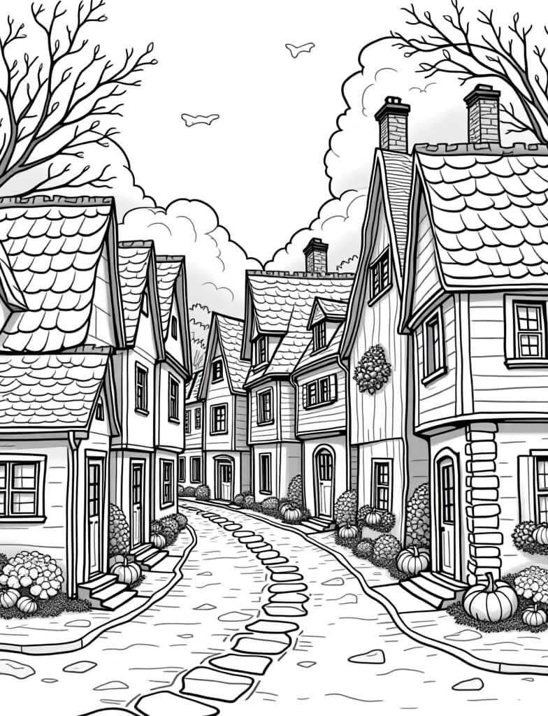  a quaint village with autumn decorations on every house, black and white line art on a white background, for an adult coloring page.