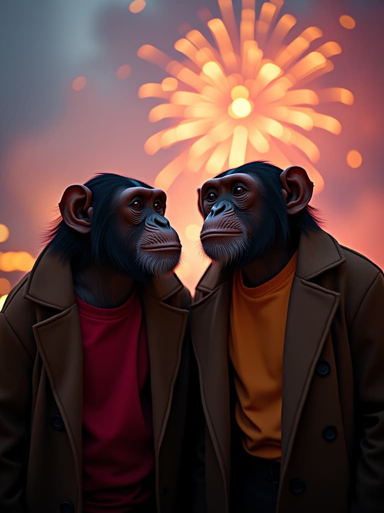  a surrealistic scene of two chimpanzee monkeys dressed in coats and t shirts watching fireworks explosions of bright lights in the sky hyperrealistic, full body, detailed clothing, highly detailed, cinematic lighting, stunningly beautiful, intricate, sharp focus, f/1. 8, 85mm, (centered image composition), (professionally color graded), ((bright soft diffused light)), volumetric fog, trending on instagram, trending on tumblr, HDR 4K, 8K