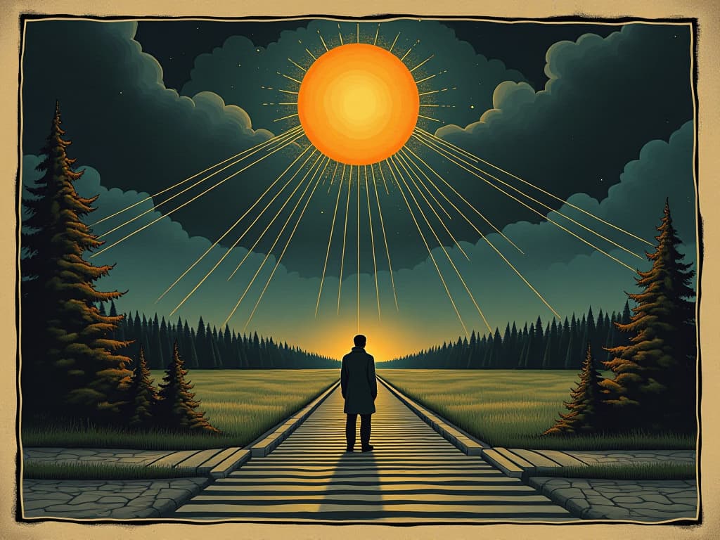  a person standing at a busy crossroads under a dark sky, luminous threads connecting them to others, divine timing, cosmic significance, anticipation, listening to guidance. an illustration in the style of a worn, mystical old tarot trump card, mysterious and elements of surrealism. the colors are muted, somber and eerie, but with contrast bring out an occult and esoteric vibe.