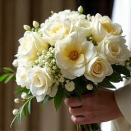  create an image with the following specifications: main subject: description: a close up of princess diana's cascading wedding bouquet, featuring white gardenias, stephanotis, orchids, lily of the valley, and yellow roses. style: realistic, elegant, and detailed. setting: location: against a soft, blurred background reminiscent of st paul's cathedral's interior. composition: framing: close up view, focusing on the intricate details of the bouquet, filling most of the frame. style: art movement: contemporary realism. technique: high resolution photography with soft focus background. atmosphere: mood: romantic, regal, and timeless. color palette: dominant colors: white, cream, green, yellow. mood: soft and ethereal. details: foreground hyperrealistic, full body, detailed clothing, highly detailed, cinematic lighting, stunningly beautiful, intricate, sharp focus, f/1. 8, 85mm, (centered image composition), (professionally color graded), ((bright soft diffused light)), volumetric fog, trending on instagram, trending on tumblr, HDR 4K, 8K