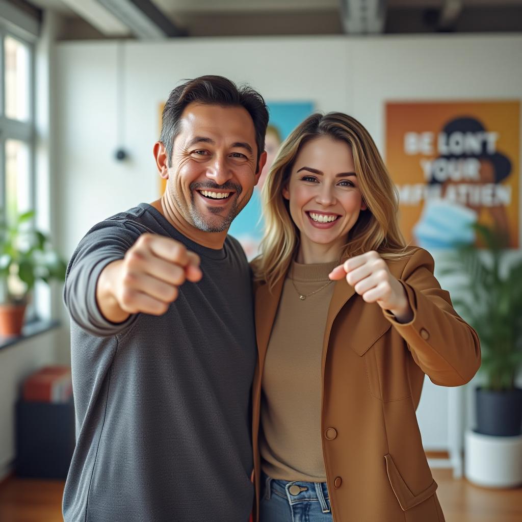  portrait of a smiling life coach and , fist bumping, standing in a modern, open plan office space, motivational posters on the wall, bright and airy, sharp focus, cinematic lighting, 8k resolution