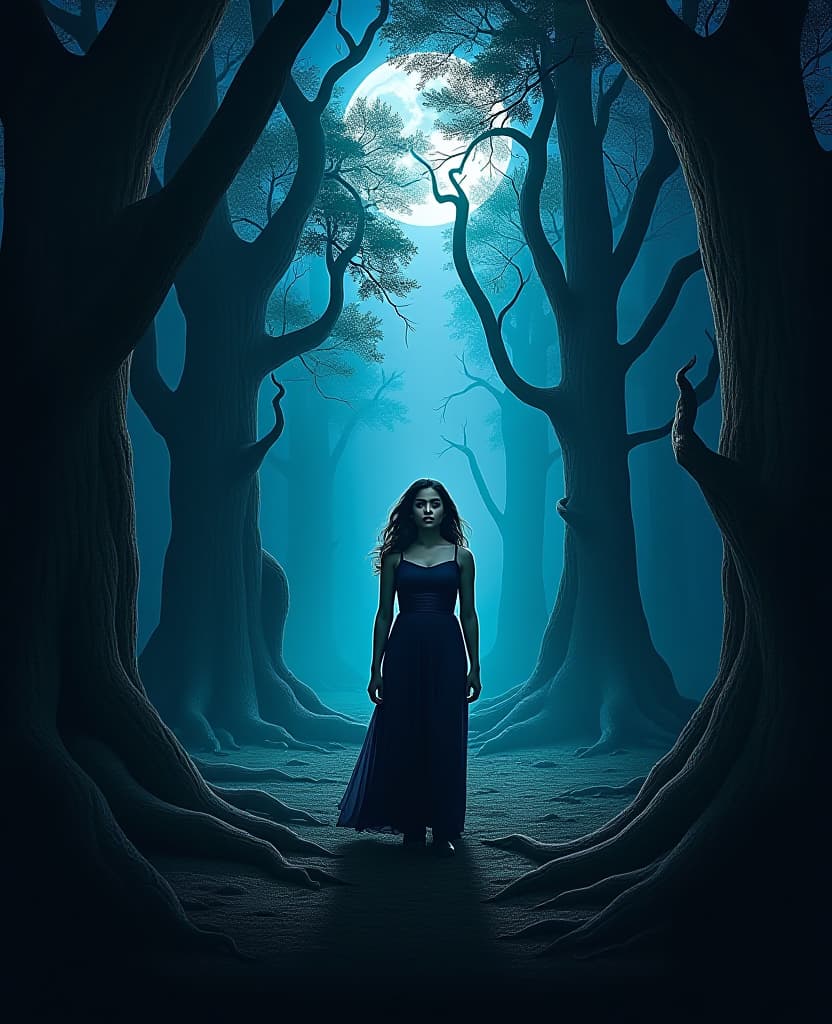  good quality, high quality, a hyper realistic poster for "stree 2" starring shraddha kapoor. she stands in a dense forest at twilight, surrounded by ancient trees with twisted roots. her expression is one of fear and determination, as ghostly apparitions emerge from the shadows. the moonlight creates an eerie, bluish glow over the scene.