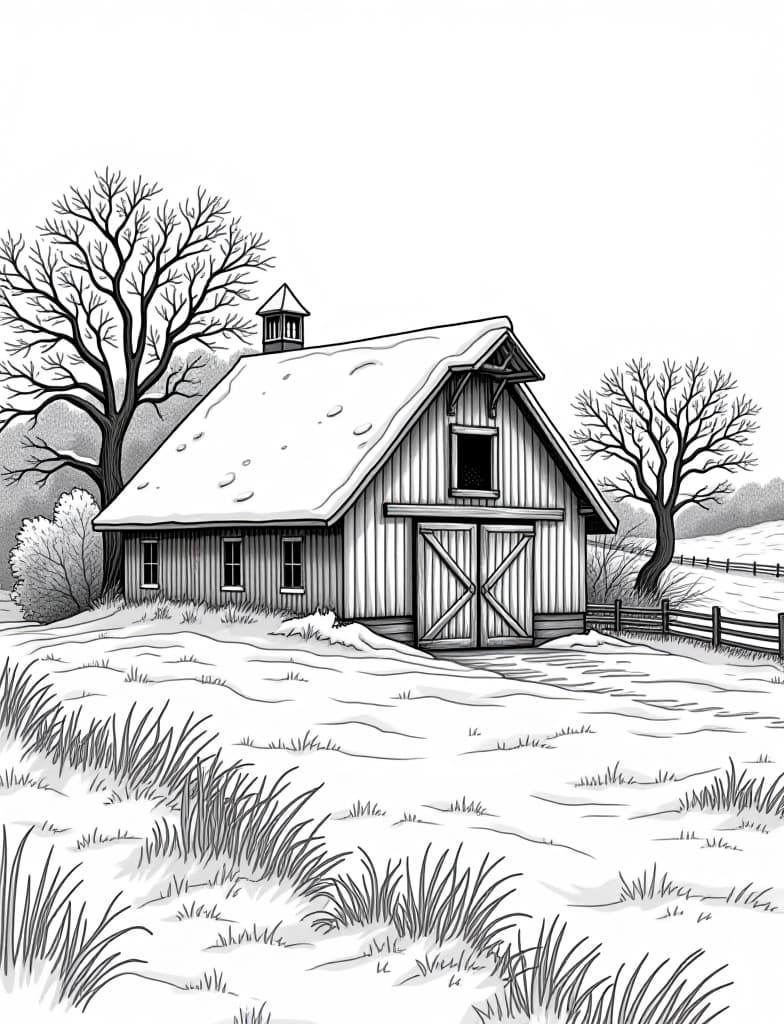  this is for an adult coloring page. a detailed black and white line art of a snowy snow covered barn in a rural winter setting on a solid white background.