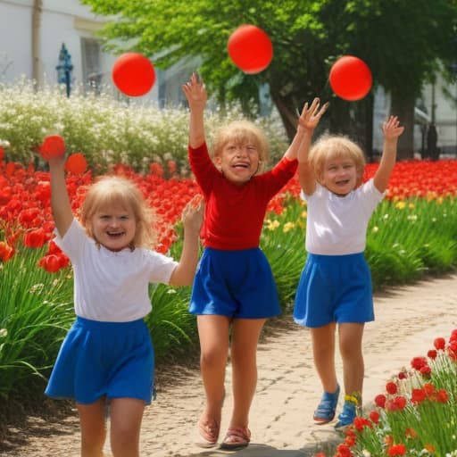 children, spring, red flags, white-blue-red flags, colored balls, flowers, children laughing, waving their hands