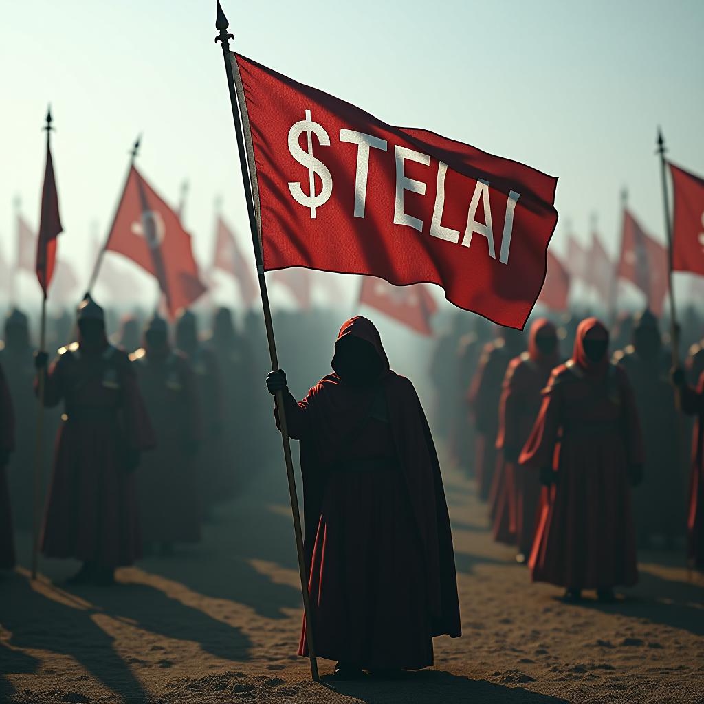  an army of different races holding a flag with $stelai written on the flag hyperrealistic, full body, detailed clothing, highly detailed, cinematic lighting, stunningly beautiful, intricate, sharp focus, f/1. 8, 85mm, (centered image composition), (professionally color graded), ((bright soft diffused light)), volumetric fog, trending on instagram, trending on tumblr, HDR 4K, 8K