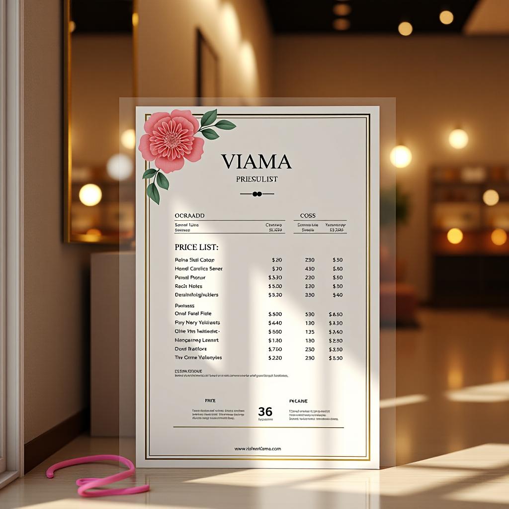  create a beautiful price list for the beauty salon named viama.