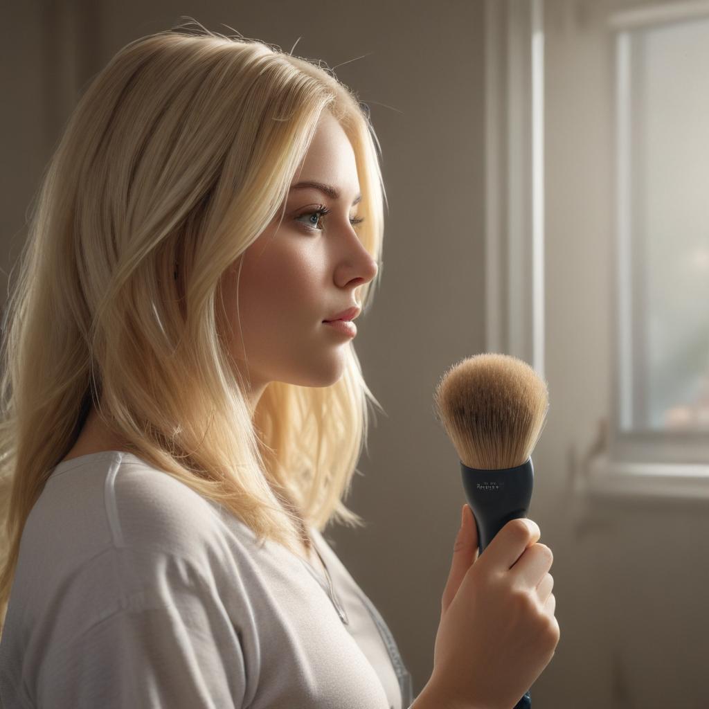 ((masterpiece)),(((best quality))), 8k, high detailed, ultra detailed, A blonde brushing her hair, blonde hair, mirror reflection, hairbrush, morning sunlight hyperrealistic, full body, detailed clothing, highly detailed, cinematic lighting, stunningly beautiful, intricate, sharp focus, f/1. 8, 85mm, (centered image composition), (professionally color graded), ((bright soft diffused light)), volumetric fog, trending on instagram, trending on tumblr, HDR 4K, 8K