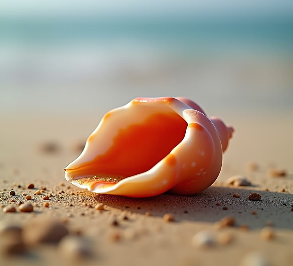  close up macro shot of a vibrant cowrie shell on a sandy beach, nature photography background wallpaper.