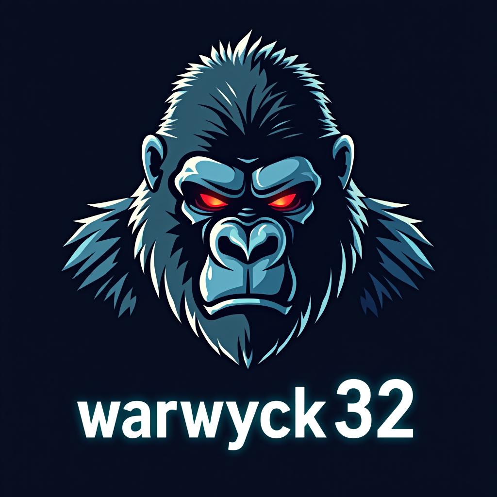  design a logo, in a realism style. electronic gorilla, with the text 'warwyck 32'.