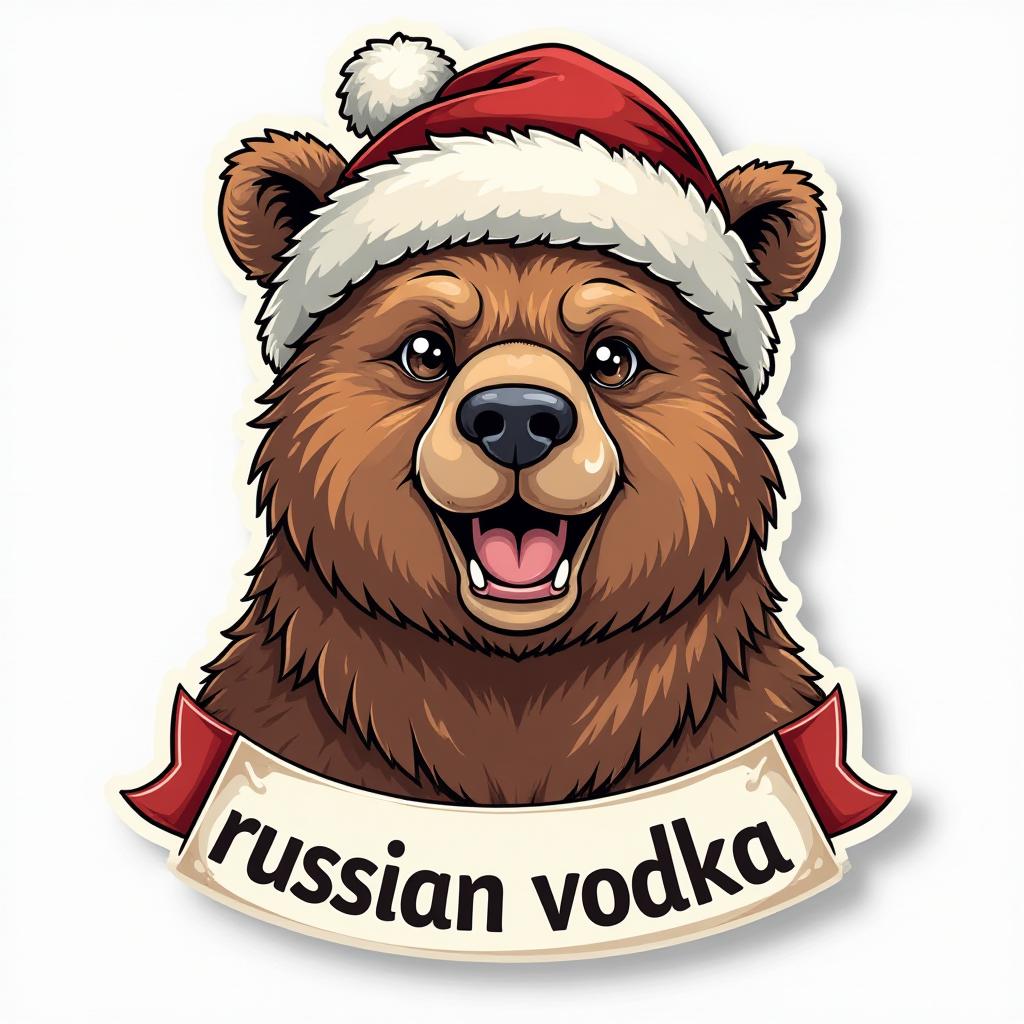  sticker, vector drawing, smiling bear in winter hat, text: "russian vodka"