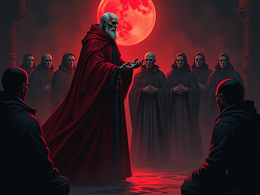  wise elder in red cloak, speaking to a group of attentive listeners, sense of illumination and guidance. the style is digital art illustration / modern comic book / graphic dark novel fantasy and mysterious occult, symbolic, moody lighting, esoteric vibe,high detail on character design. for the color scheme emphasize blacks and reds.