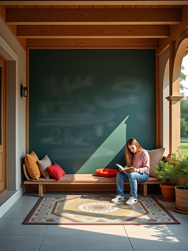  high quality portrait photo of an outdoor patio featuring a large chalkboard wall, weather resistant toy storage, and a cozy reading nook with a canopy, shot from a wide angle perspective hyperrealistic, full body, detailed clothing, highly detailed, cinematic lighting, stunningly beautiful, intricate, sharp focus, f/1. 8, 85mm, (centered image composition), (professionally color graded), ((bright soft diffused light)), volumetric fog, trending on instagram, trending on tumblr, HDR 4K, 8K