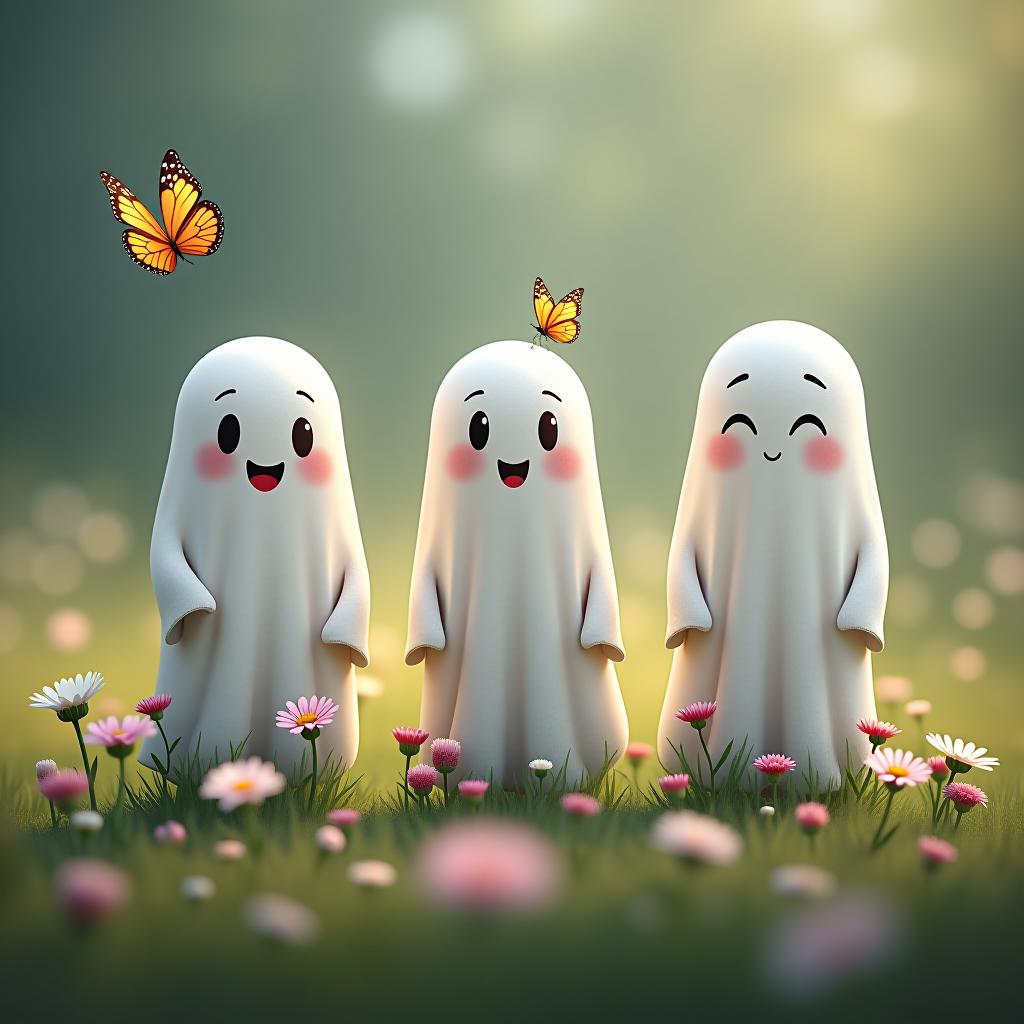  create a tshirt design featuring a row of three cute, cartoonish ghost characters, each with a different appearance, standing in different positions within sparse, life like wildflowers. each ghost should have a unique expression or pose, with the flowers minimally surrounding them. the background should be transparent, complementing the realistic wildflower elements and enhancing the overall cheerful and fun atmosphere. include two butterfly in the scene. hyperrealistic, full body, detailed clothing, highly detailed, cinematic lighting, stunningly beautiful, intricate, sharp focus, f/1. 8, 85mm, (centered image composition), (professionally color graded), ((bright soft diffused light)), volumetric fog, trending on instagram, trending on tumblr, HDR 4K, 8K