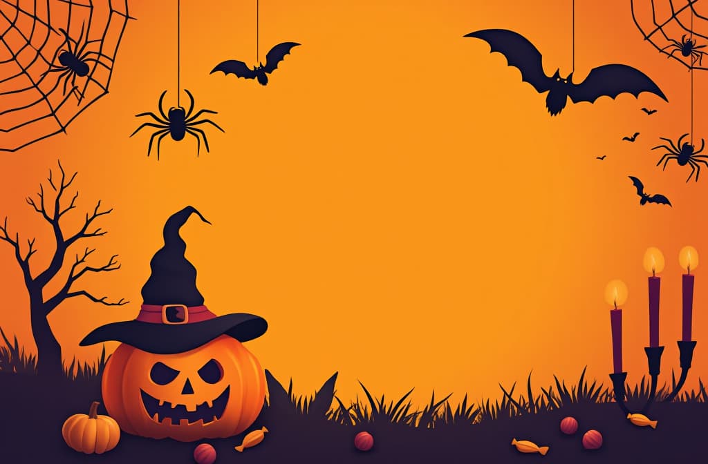  flat illustration, flaticon, (illustration:1.15), halloween orange background with space for text, black spiders, web, bats, pumpkin, witch hat, candy, candles , [cory loftis, strobist, pascal campion :: 0.2]